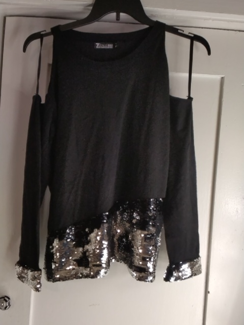 Zara Black Cold-Shoulder Sequin Hem Sweater